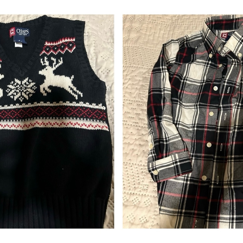 Chaps Multicolor Plaid Button-Up Shirt and Chaps Reindeer Vest